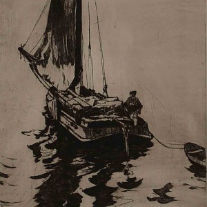 Rotterdam Sailing Tjalk etching by Jan Sirks