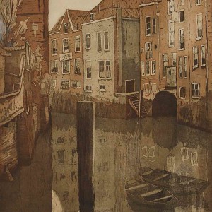 Colour etching of Amsterdam canal scene by Jan Sirks