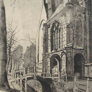 Etching of Delft Old Church by Jan Sirks