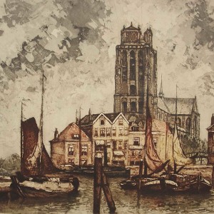 colour etching Dordrecht harbour scene by jan sirks