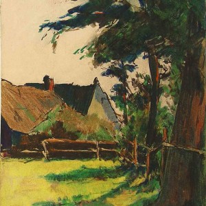 Pastel drawing study of farm with trees by Jan Sirks