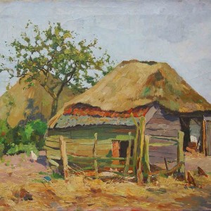 painting of farmhouse with cherry trees by jan sirks