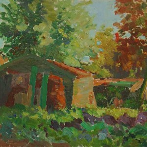 Painting with farm and hay shed by Jan Sirks