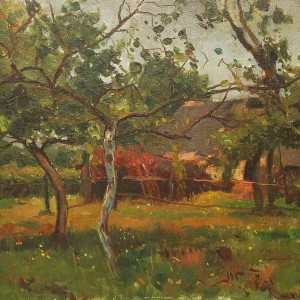 Painting of farm with orchard by Jan Sirks