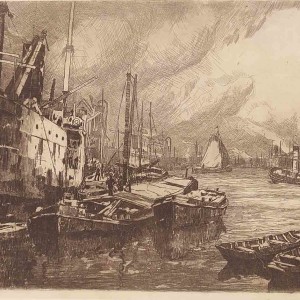 Etching of Rotterdam Rhine Harbour by Jan Sirks