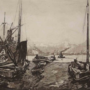 Etching of Rotterdam river view by Jan Sirks