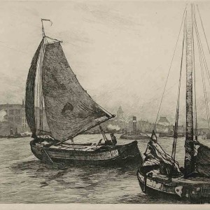Etching of Rotterdam barges by Jan Sirks