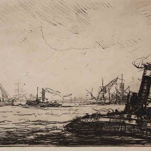 Etching of Rotterdam tugboat by Jan Sirks