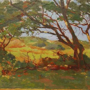Painting with trees on the coast by Jan Sirks